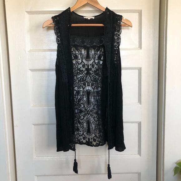 Entro Black Crochet Sleeveless Cardigan Small Tassels Boho Festival Whimsygoth - Picture 1 of 9
